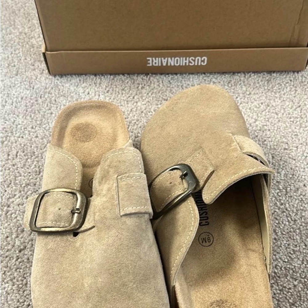 Cushionaire Women's Tan Suede Platform Slip-On Mules with Buckle
